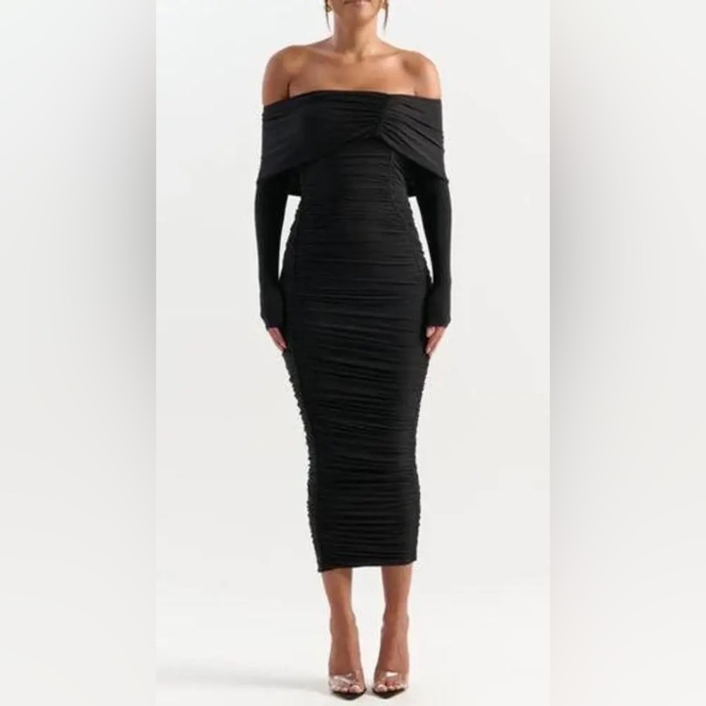 Naked Wardrobe Black Ruched Off-the-Shoulder Bodycon Dress